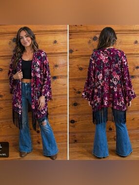 D2 Women’s Velvet Floral Fringe Open-Front Kimono Duster Merlot Boho Whimsigoth